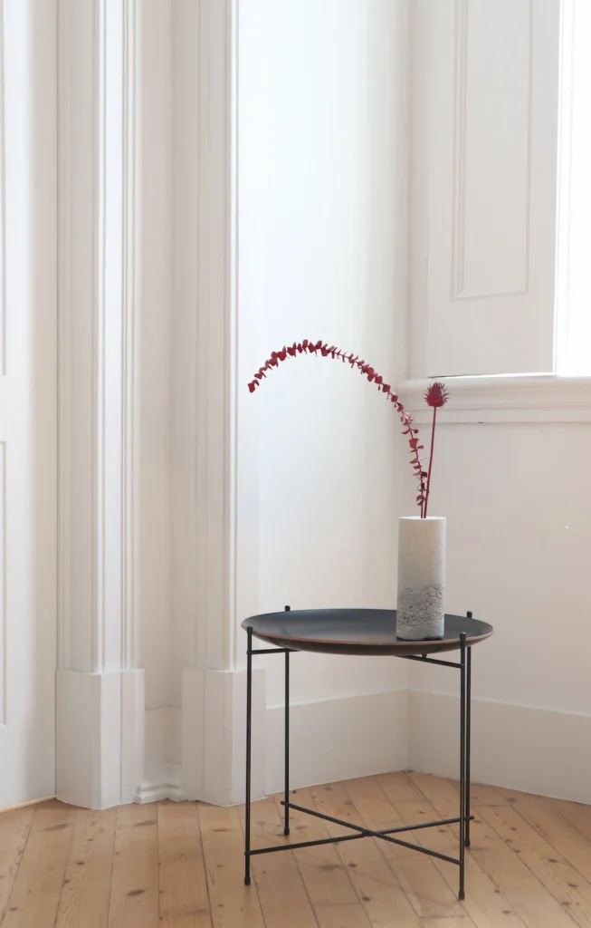 CONCRETE, PAINTED EUCALYPTUS PLANT AND THISTLE FLOWER